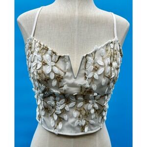 White Gold Floral Embroidered Corset Crop Top Zip Back Small Coquette Festival
